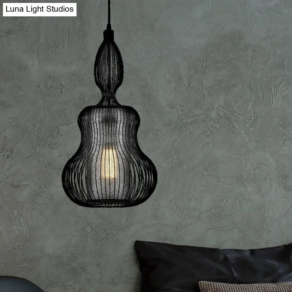 Gourd Cage Pendant Light - Simple Style Metal Black Hanging With Cylinder Shade