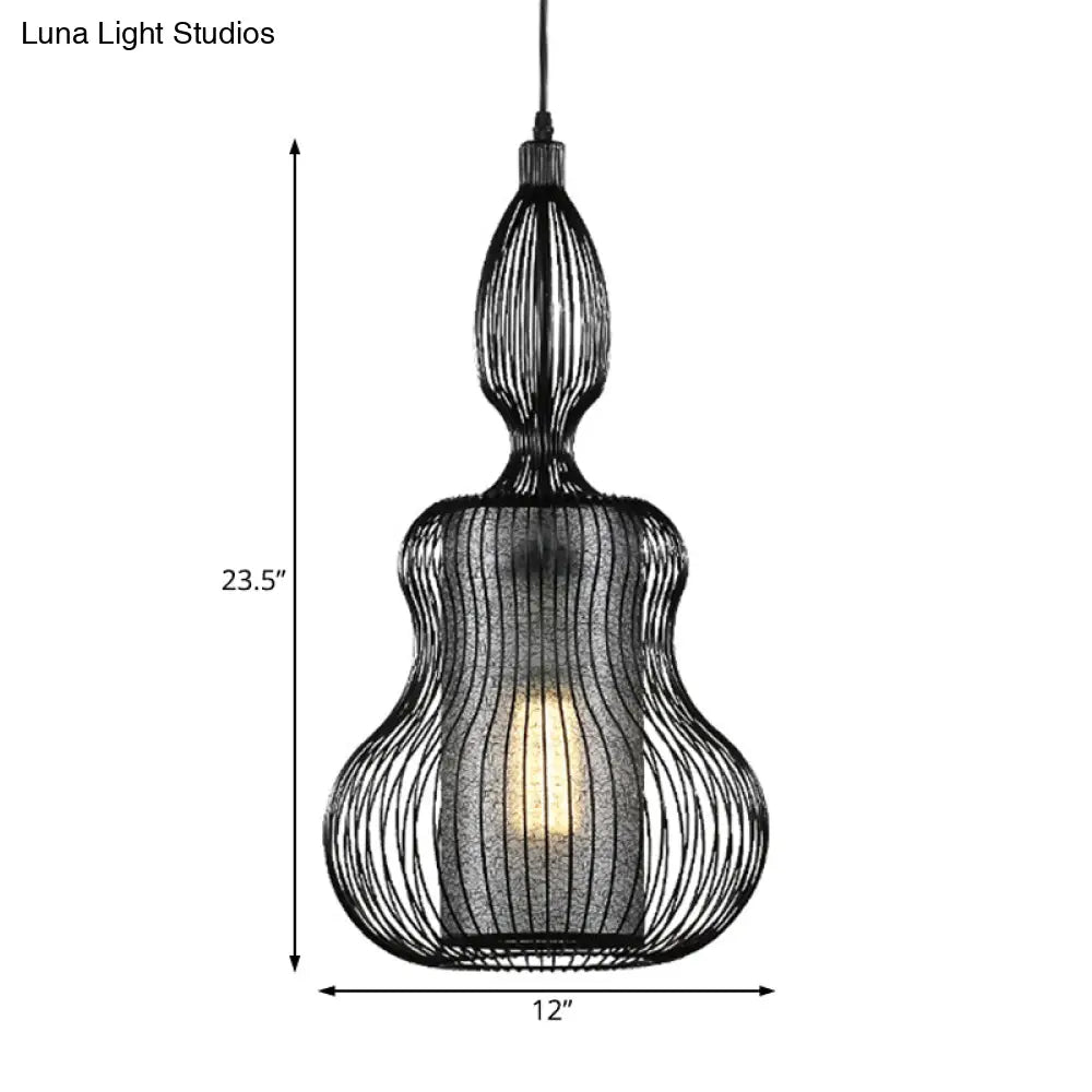 Gourd Cage Pendant Light - Simple Style Metal Black Hanging With Cylinder Shade