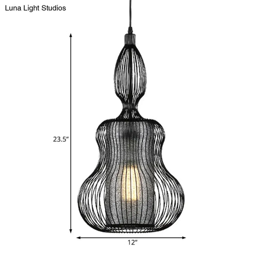 Gourd Cage Pendant Light - Simple Style Metal Black Hanging With Cylinder Shade