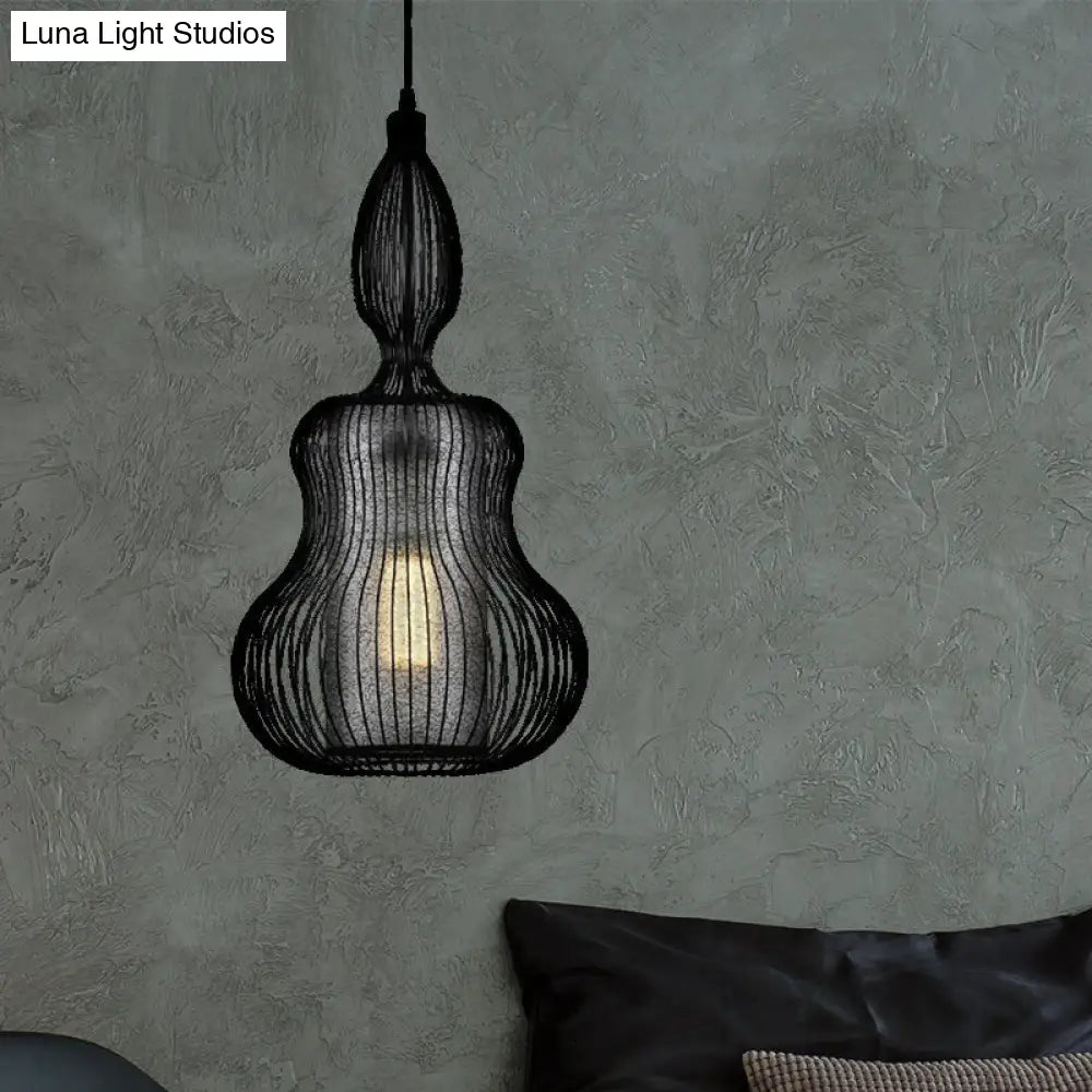 Gourd Cage Pendant Light - Simple Elegant Metal Hanging With Cylinder Shade Inside Black