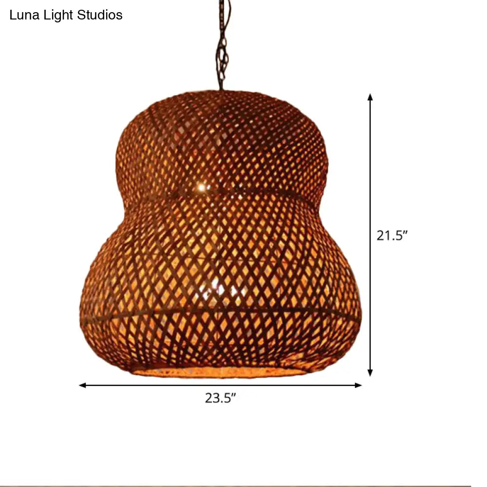 Gourd Ceiling Light - Chinese Bamboo Suspended Lighting Fixture In Coffee