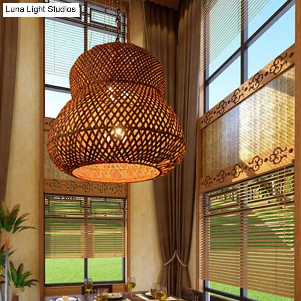 Gourd Ceiling Light - Chinese Bamboo Suspended Lighting Fixture In Coffee