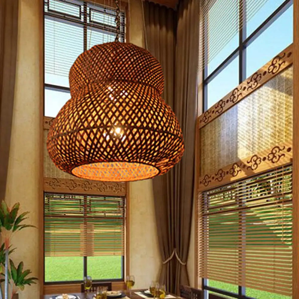 Gourd Ceiling Light - Chinese Bamboo Suspended Lighting Fixture In Coffee