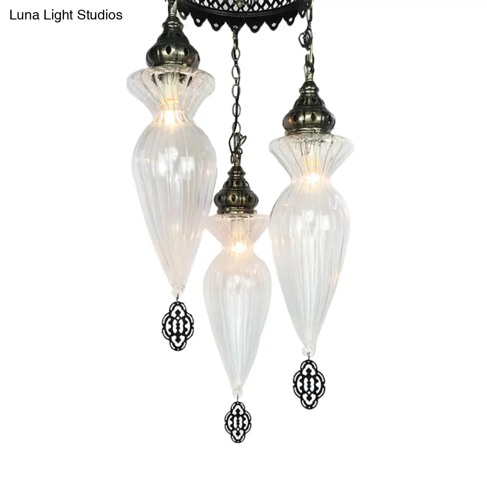 Gourd Chandelier Light With Clear Ribbed Glass - Traditional Pendant Lighting Fixture (3 Bulbs)