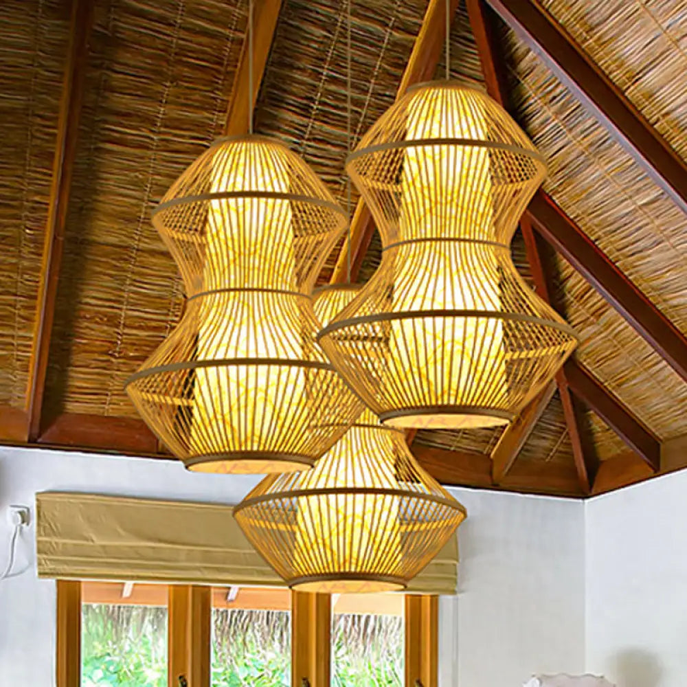 Gourd Shaped Asian Bamboo Pendant Lamp - 19.5’/23.5’ Wide Perfect For Restaurants Wood Finish /