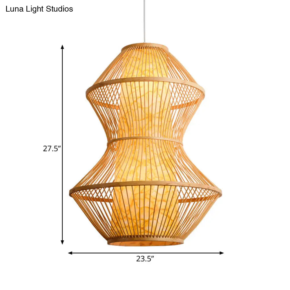 Gourd Shaped Asian Bamboo Pendant Lamp - 19.5’/23.5’ Wide Perfect For Restaurants Wood Finish