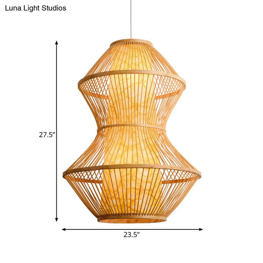 Gourd Shaped Asian Bamboo Pendant Lamp - 19.5’/23.5’ Wide Perfect For Restaurants Wood Finish