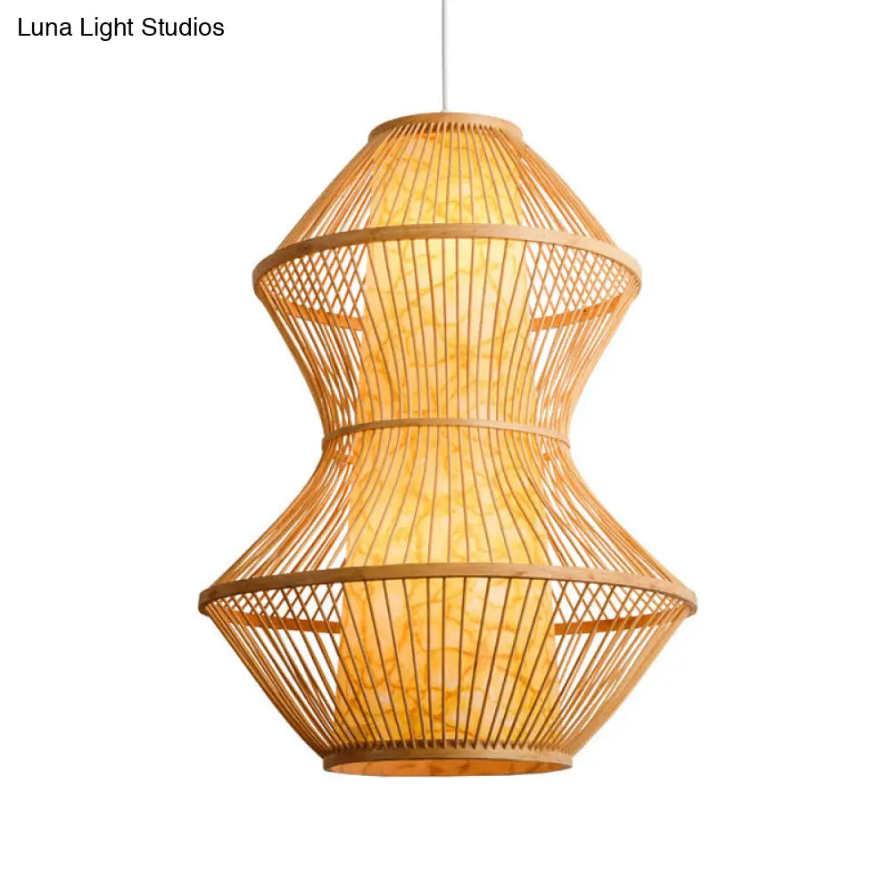 Gourd Shaped Asian Bamboo Pendant Lamp - 19.5’/23.5’ Wide Perfect For Restaurants Wood Finish