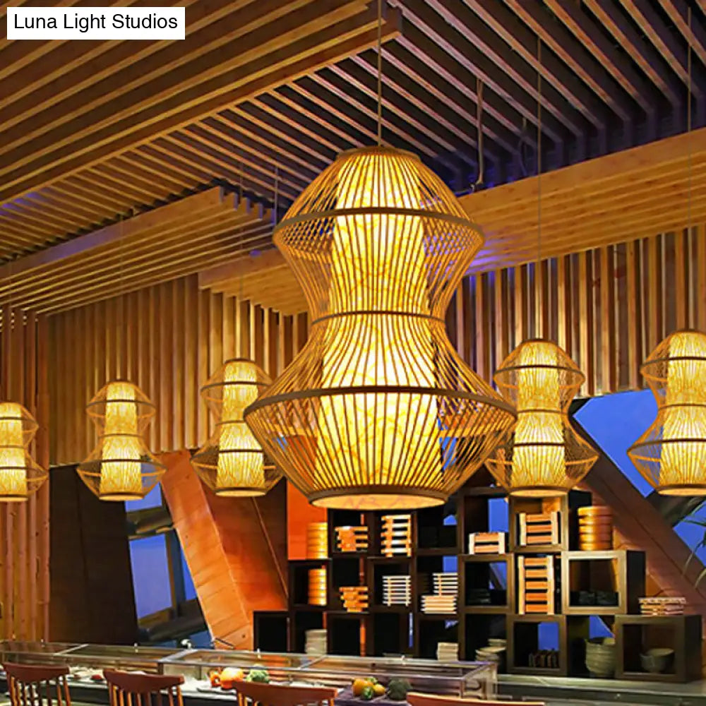 Gourd Shaped Asian Bamboo Pendant Lamp - 19.5’/23.5’ Wide Perfect For Restaurants Wood Finish