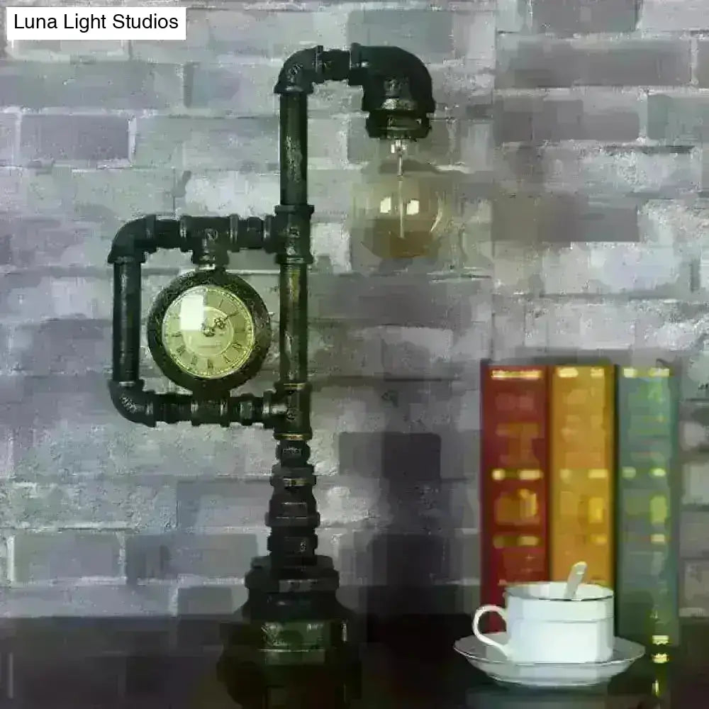 Grace - Retro Plumbing Pipe Night Light 1 Head Iron Table Lighting With Clock In Bronze For Bedroom