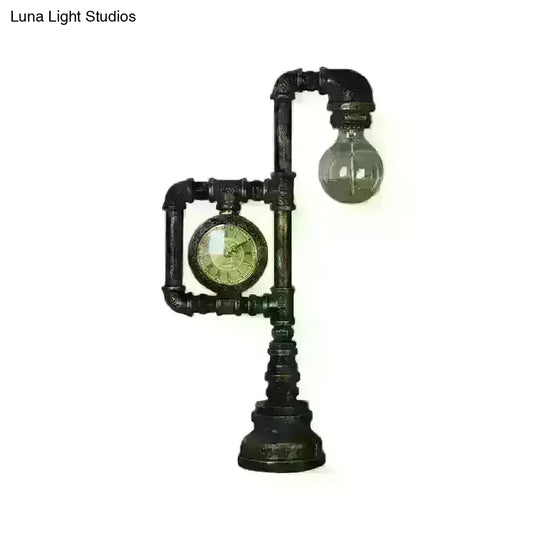 Grace - Retro Plumbing Pipe Night Light 1 Head Iron Table Lighting With Clock In Bronze For Bedroom