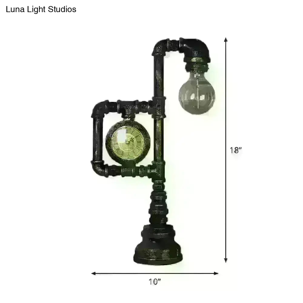 Grace - Retro Plumbing Pipe Night Light 1 Head Iron Table Lighting With Clock In Bronze For Bedroom