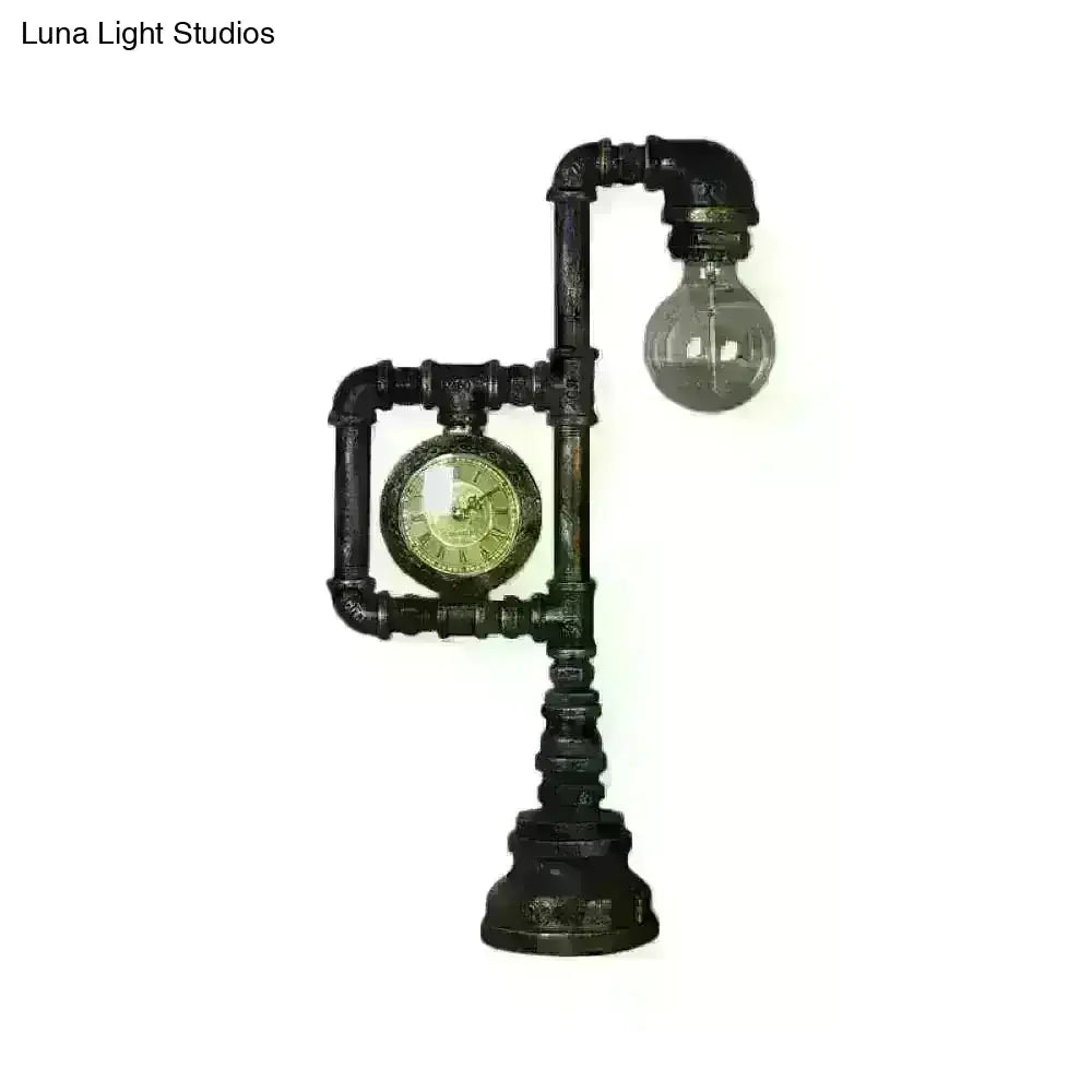 Grace - Retro Plumbing Pipe Night Light 1 Head Iron Table Lighting With Clock In Bronze For Bedroom