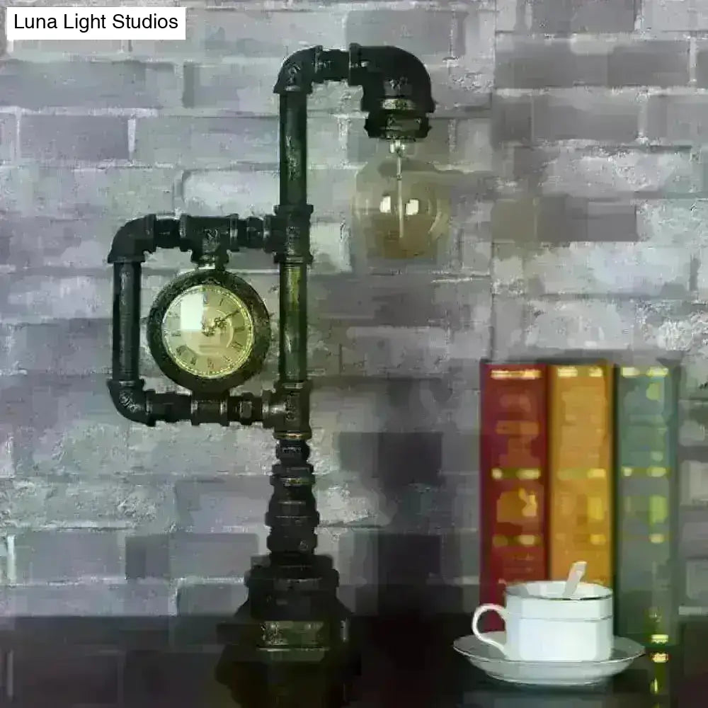 Grace - Retro Plumbing Pipe Night Light 1 Head Iron Table Lighting With Clock In Bronze For Bedroom