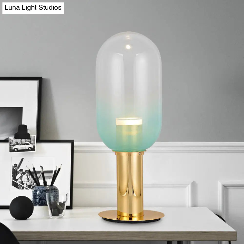 Gradient Green Glass Led Night Lamp In Gold - Modernist Bedroom Table Light