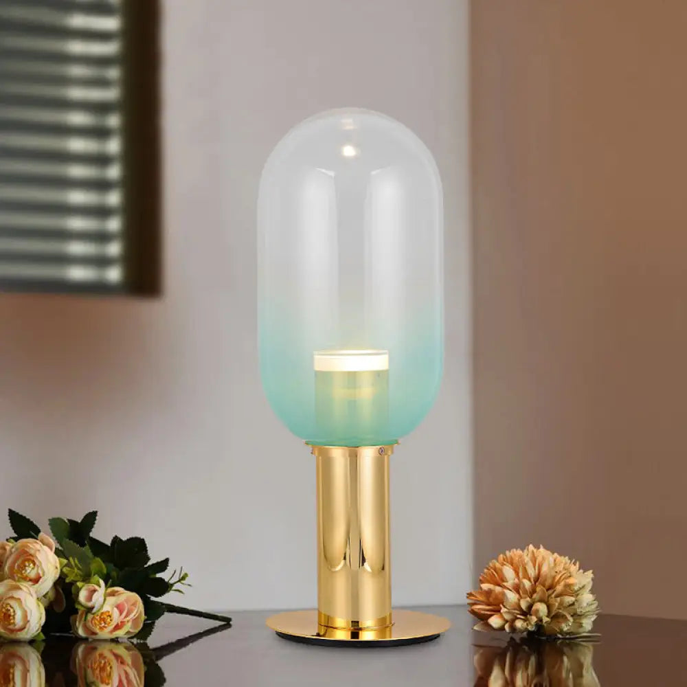 Gradient Green Glass Led Night Lamp In Gold - Modernist Bedroom Table Light