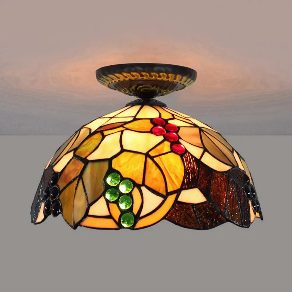 Grape Ceiling Lighting Tiffany Brass Stained Glass Flush Mount Light 1-Light 12’/16’ Width / 12’