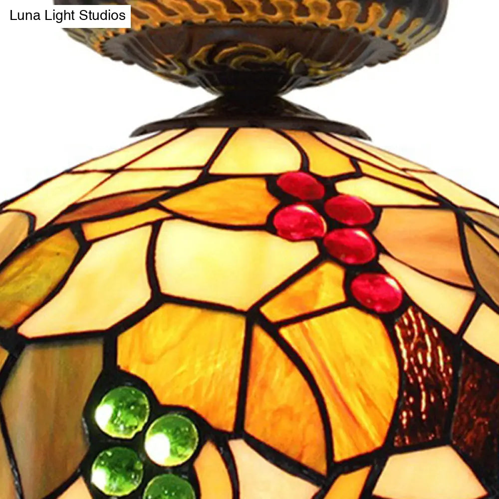 Grape Ceiling Lighting Tiffany Brass Stained Glass Flush Mount Light 1-Light 12/16 Width
