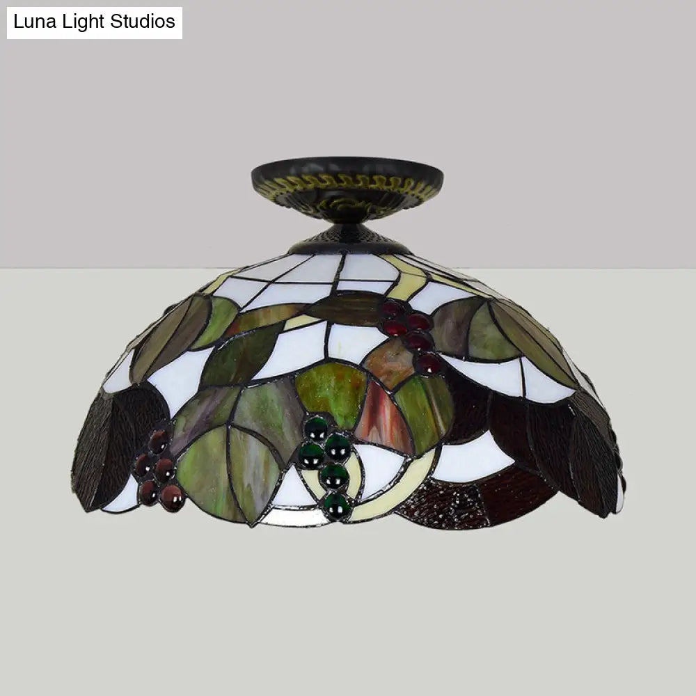 Grape Ceiling Lighting Tiffany Brass Stained Glass Flush Mount Light 1-Light 12’/16’ Width