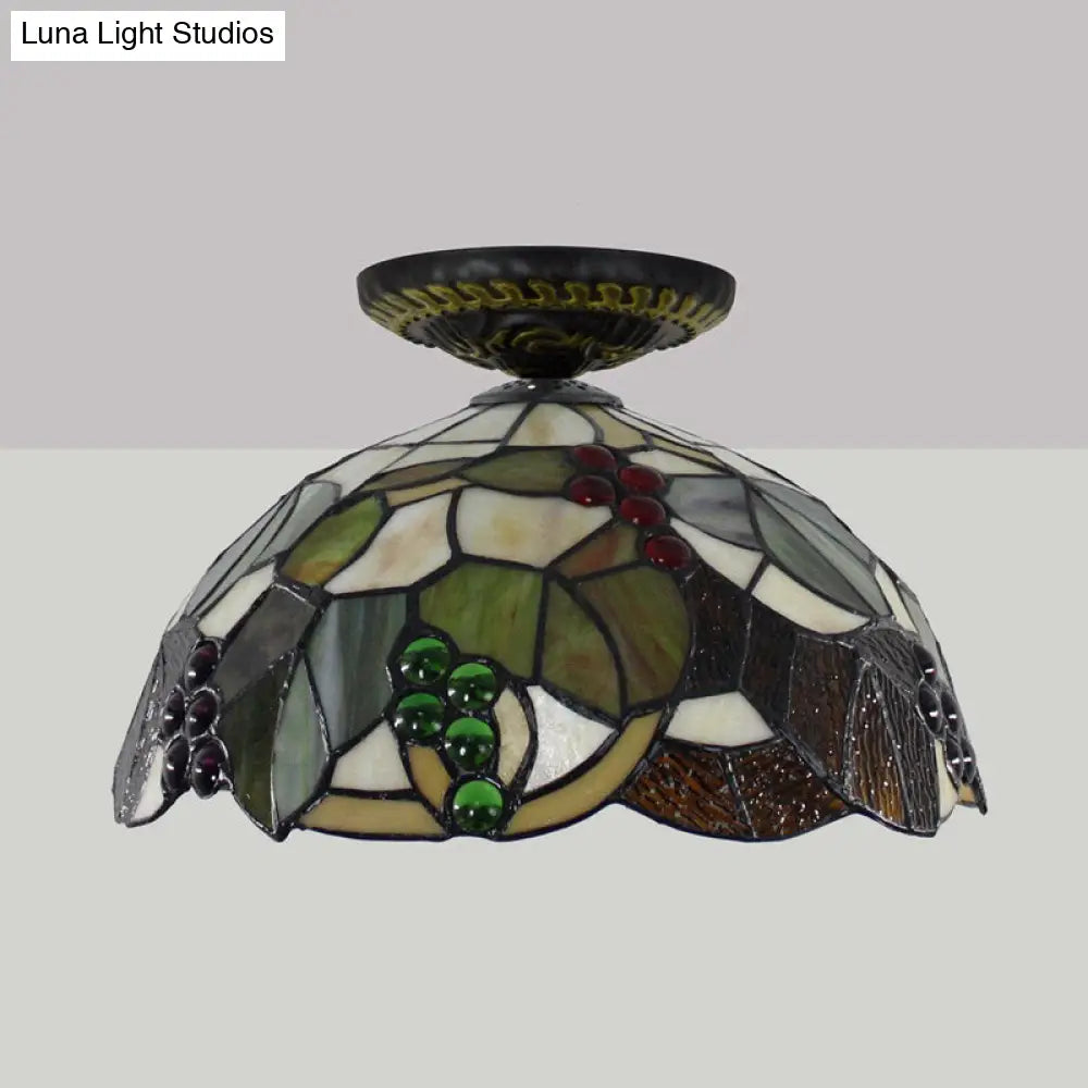 Grape Ceiling Lighting Tiffany Brass Stained Glass Flush Mount Light 1-Light 12/16 Width