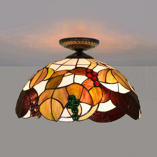 Grape Ceiling Lighting Tiffany Brass Stained Glass Flush Mount Light 1-Light 12’/16’ Width / 16’