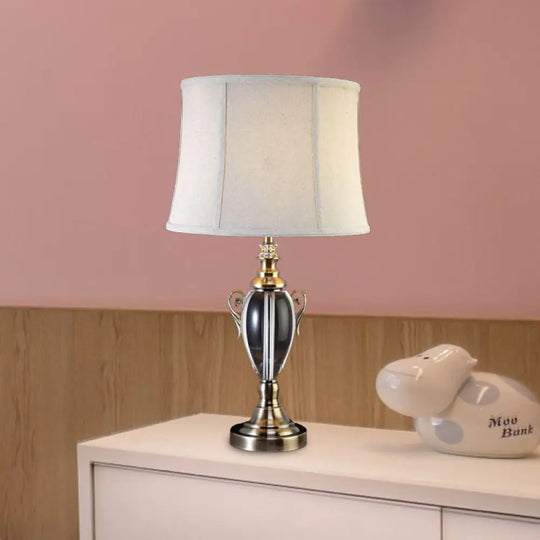 Gray Cream Fabric Panel Table Lamp With Crystal Deco Elegant Nightstand Light