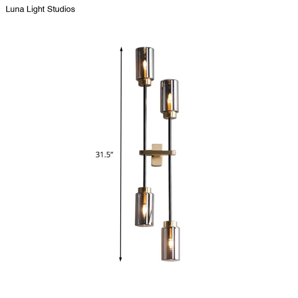 Gray Glass Black Wall Lamp - Cylinder Design 2/4 Bulbs Simple Lighting Fixture For Living Room