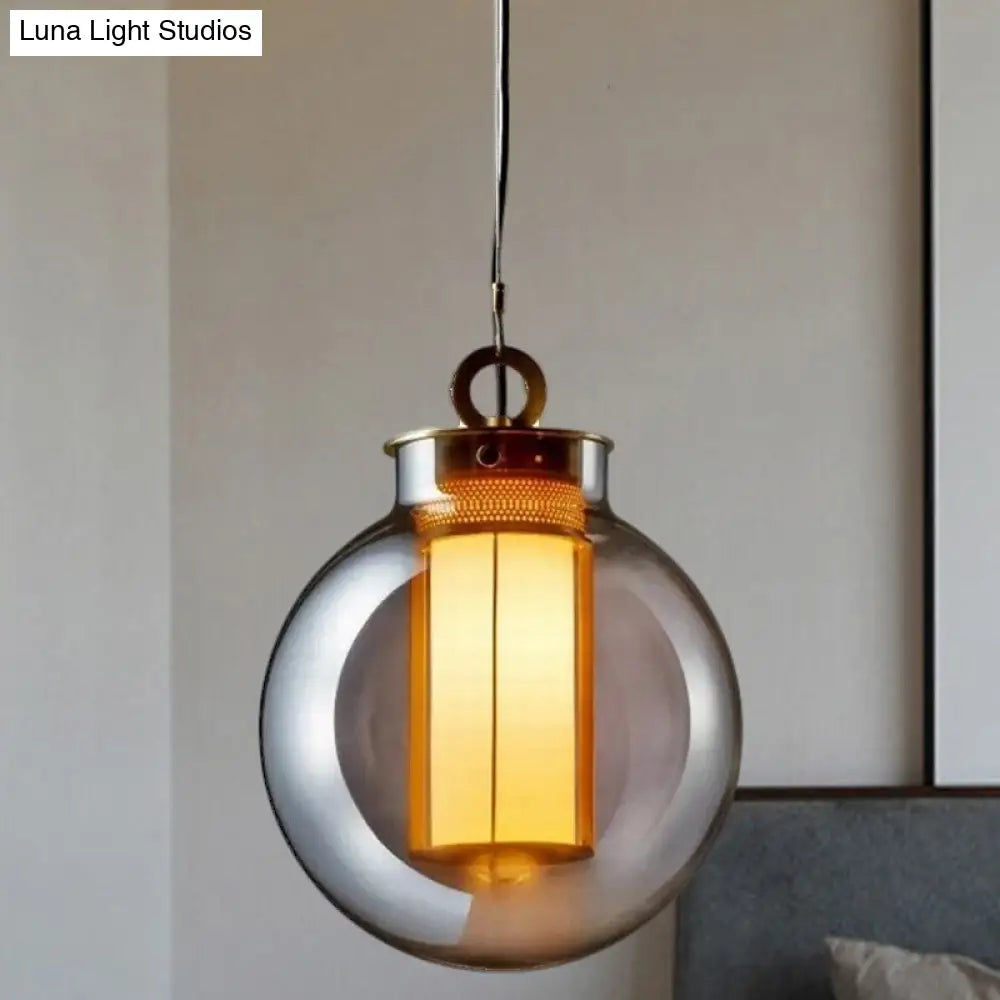 Smoke Gray Glass Nordic Globe Pendant Light With White Inner Cylinder Shade For Bedroom