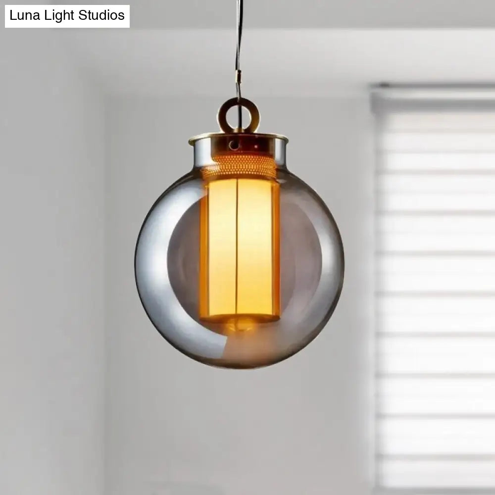 Smoke Gray Glass Nordic Globe Pendant Light With White Inner Cylinder Shade For Bedroom