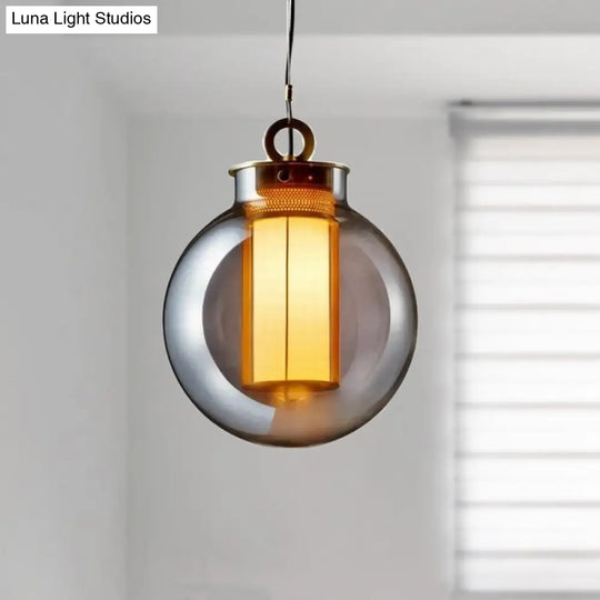 Smoke Gray Glass Nordic Globe Pendant Light With White Inner Cylinder Shade For Bedroom