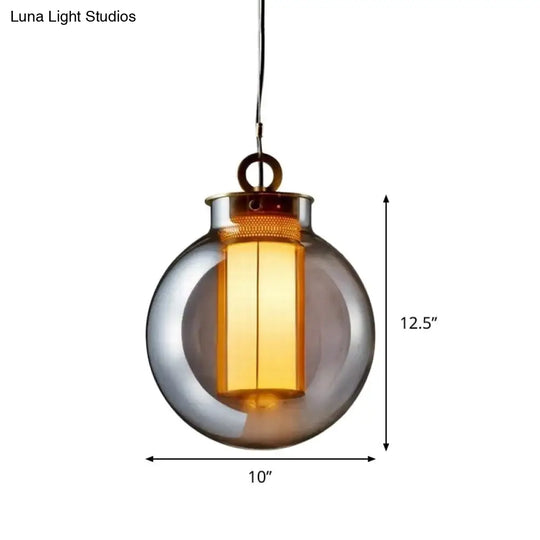 Smoke Gray Glass Nordic Globe Pendant Light With White Inner Cylinder Shade For Bedroom