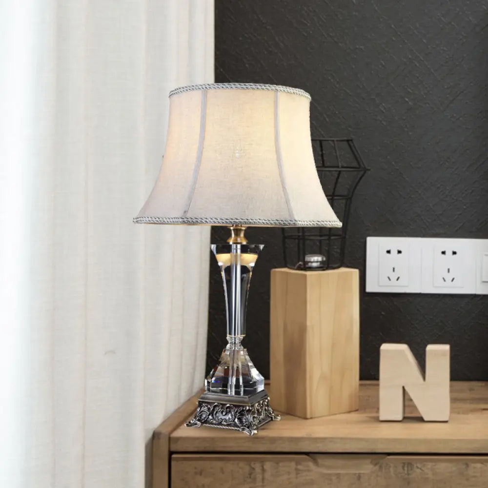 Gray Tapered Night Table Lamp - Countryside Fabric Crystal Base Bedroom Nightstand Light Cream