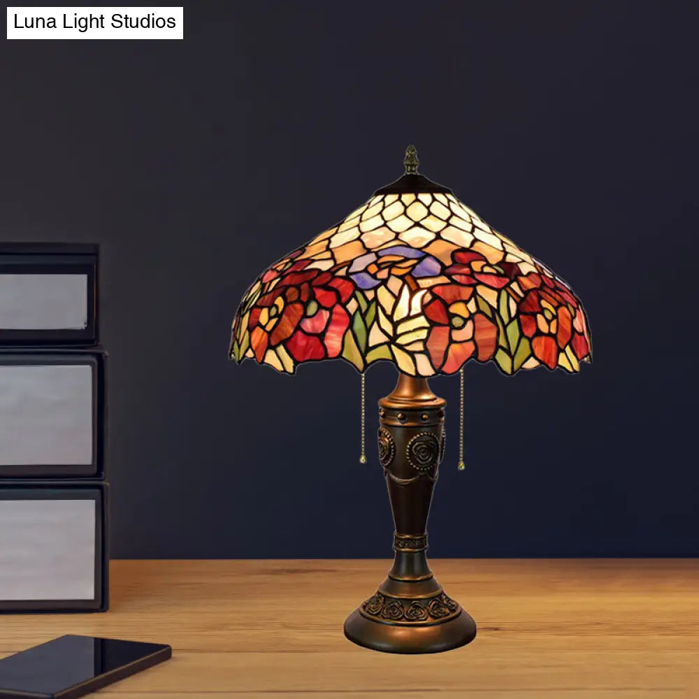 Victorian Stained Glass 2-Bulb Bronze Table Lamp With Pull-Chain Night Light For Living Room -