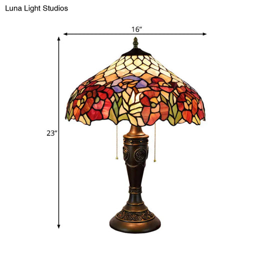 Victorian Stained Glass 2-Bulb Bronze Table Lamp With Pull-Chain Night Light For Living Room -