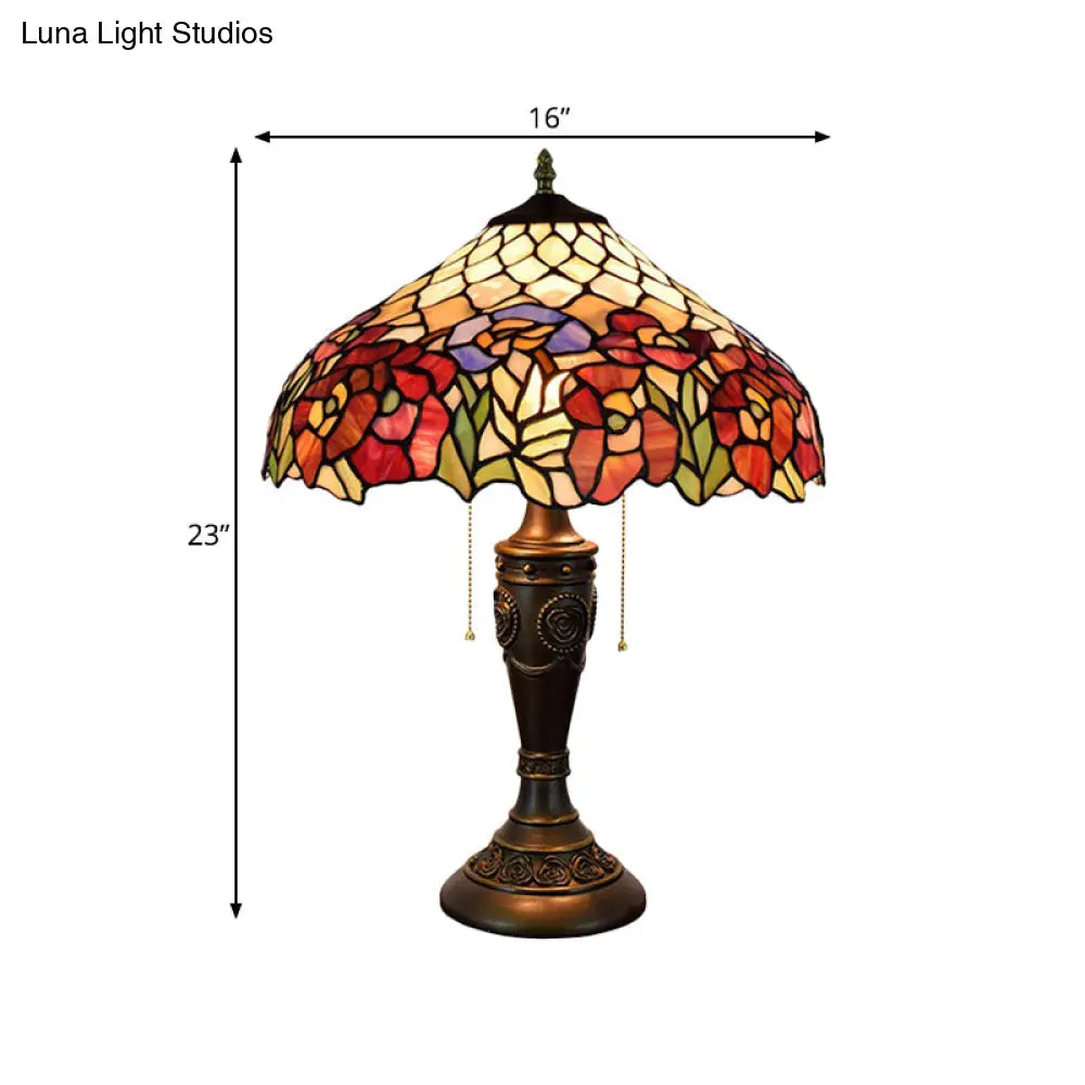 Grazia - Victorian Barn Shade Pull-Chain Night Light Stained Floral Glass 2-Bulb Bronze Table Lamp