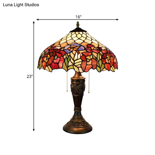 Grazia - Victorian Barn Shade Pull-Chain Night Light Stained Floral Glass 2-Bulb Bronze Table Lamp