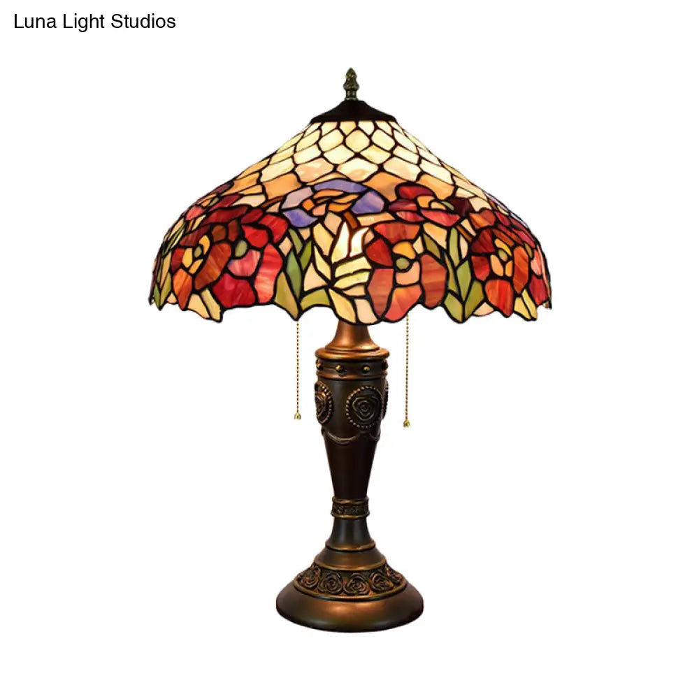 Grazia - Victorian Barn Shade Pull-Chain Night Light Stained Floral Glass 2-Bulb Bronze Table Lamp