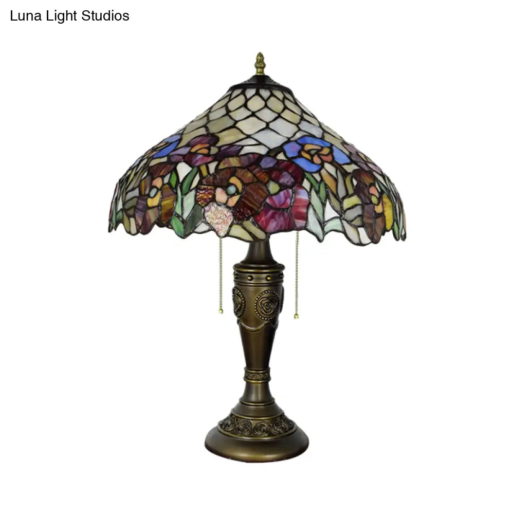 Grazia - Victorian Barn Shade Pull-Chain Night Light Stained Floral Glass 2-Bulb Bronze Table Lamp