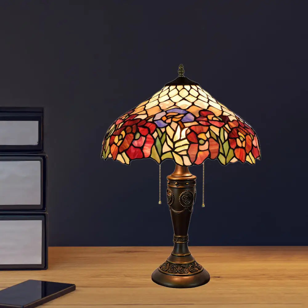 Grazia - Victorian Barn Shade Pull-Chain Night Light Stained Floral Glass 2-Bulb Bronze Table Lamp