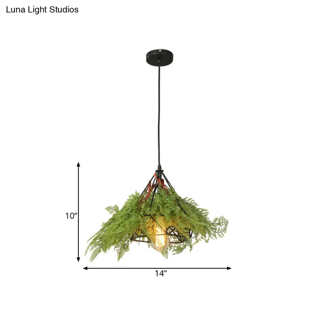 Industrial Metal Diamond Pendant Ceiling Light With Green Led Bulb And Hanging Plant - Perfect For