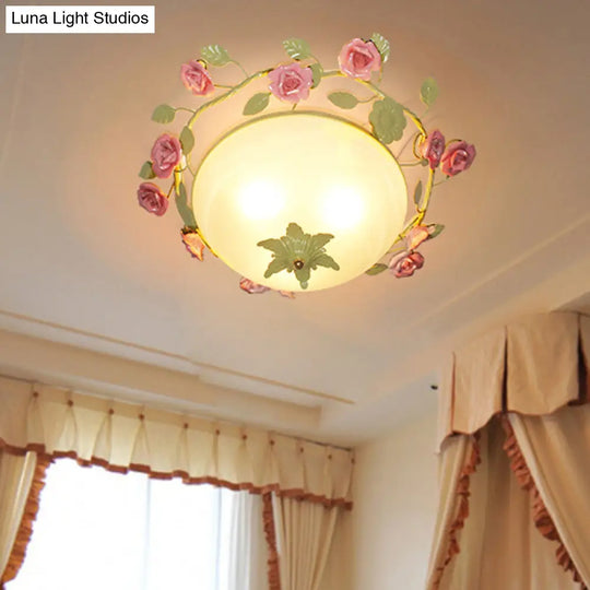 Green 3-Light Flush Mount Bowl Ceiling Light For Living Room - Country Style (19/23 Width)