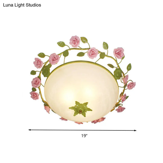 Green 3-Light Flush Mount Bowl Ceiling Light For Living Room - Country Style (19/23 Width)