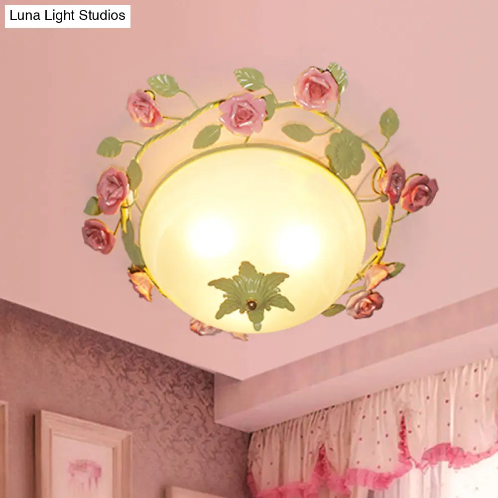 Green 3-Light Flush Mount Bowl Ceiling Light For Living Room - Country Style (19/23 Width)