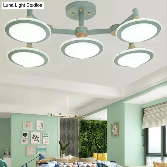 Green 5-Light Metal Macaron Gyro Flush Mount Ceiling Fixture For Modern Study Rooms