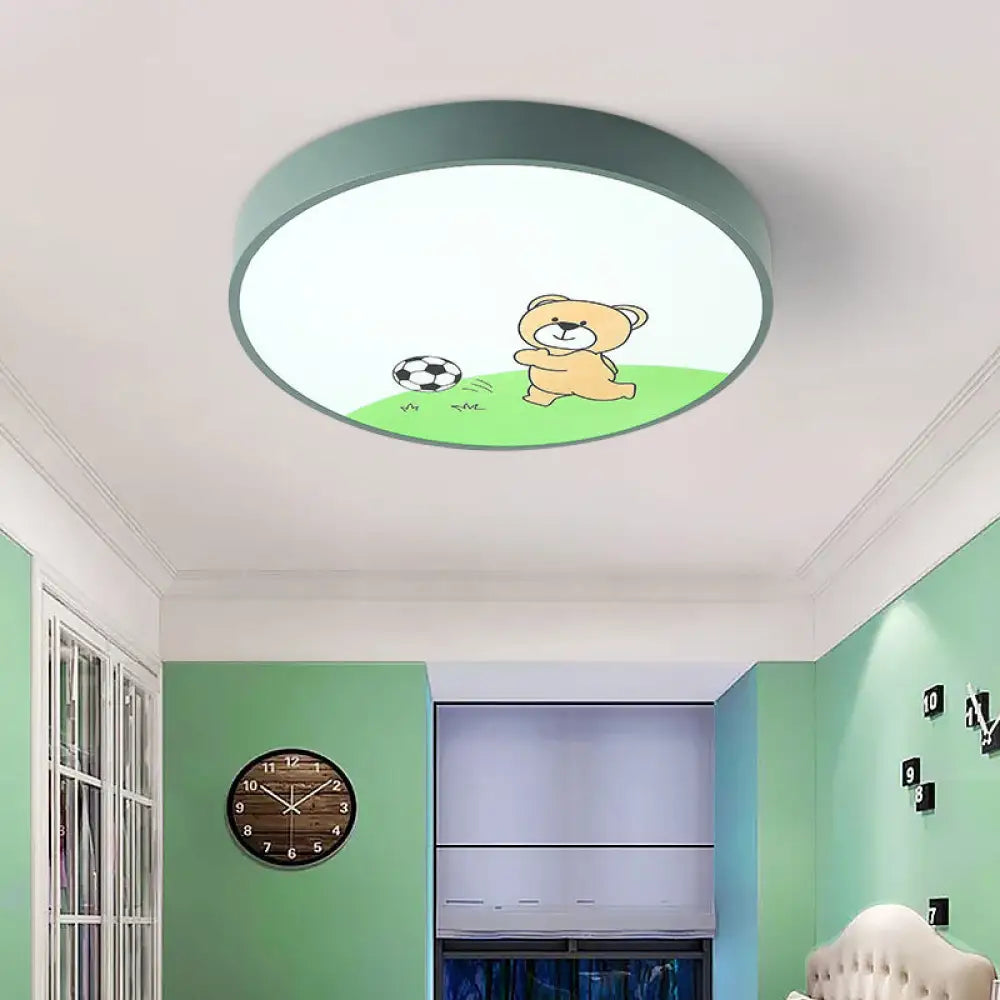 Green Acrylic Circular Ceiling Light With Playful Bear Macaron Lamp For Boys’ Bedroom