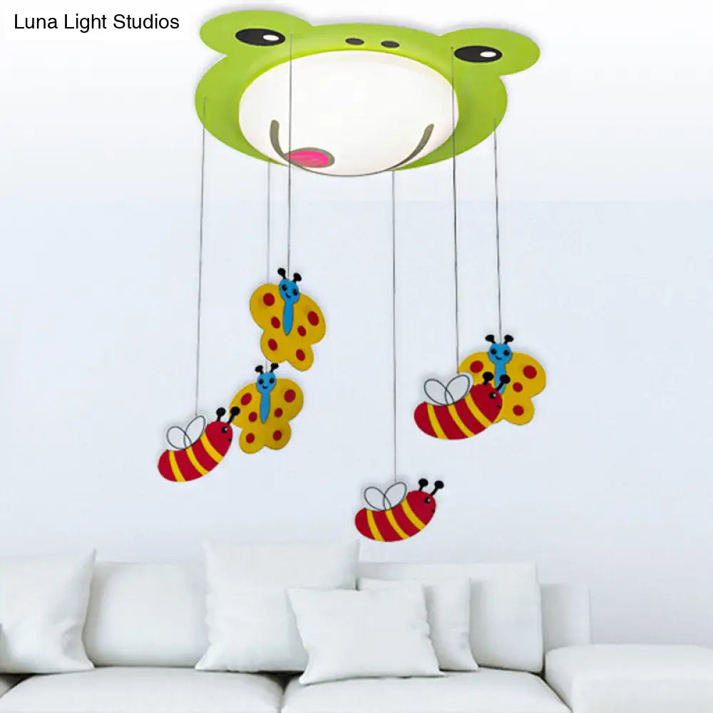 Green Acrylic Fog Flush Mount Light - Butterfly & Bee Cartoon Ceiling Lamp For Baby Bedroom