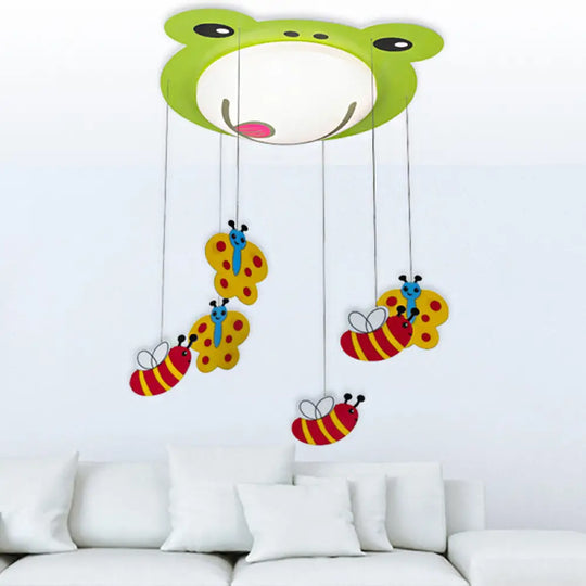 Green Acrylic Fog Flush Mount Light - Butterfly & Bee Cartoon Ceiling Lamp For Baby Bedroom