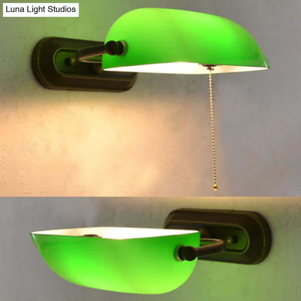 Green Banker Wall Light With Pull Chain Tiffany Stained Glass 1 Head Mount Fixture For Bedside