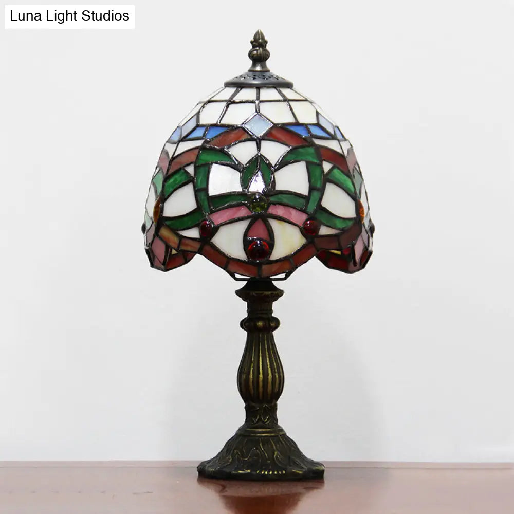 Green Baroque Glass Table Lamp With Hand Cut Bowl Shade - Bedroom Night Lighting