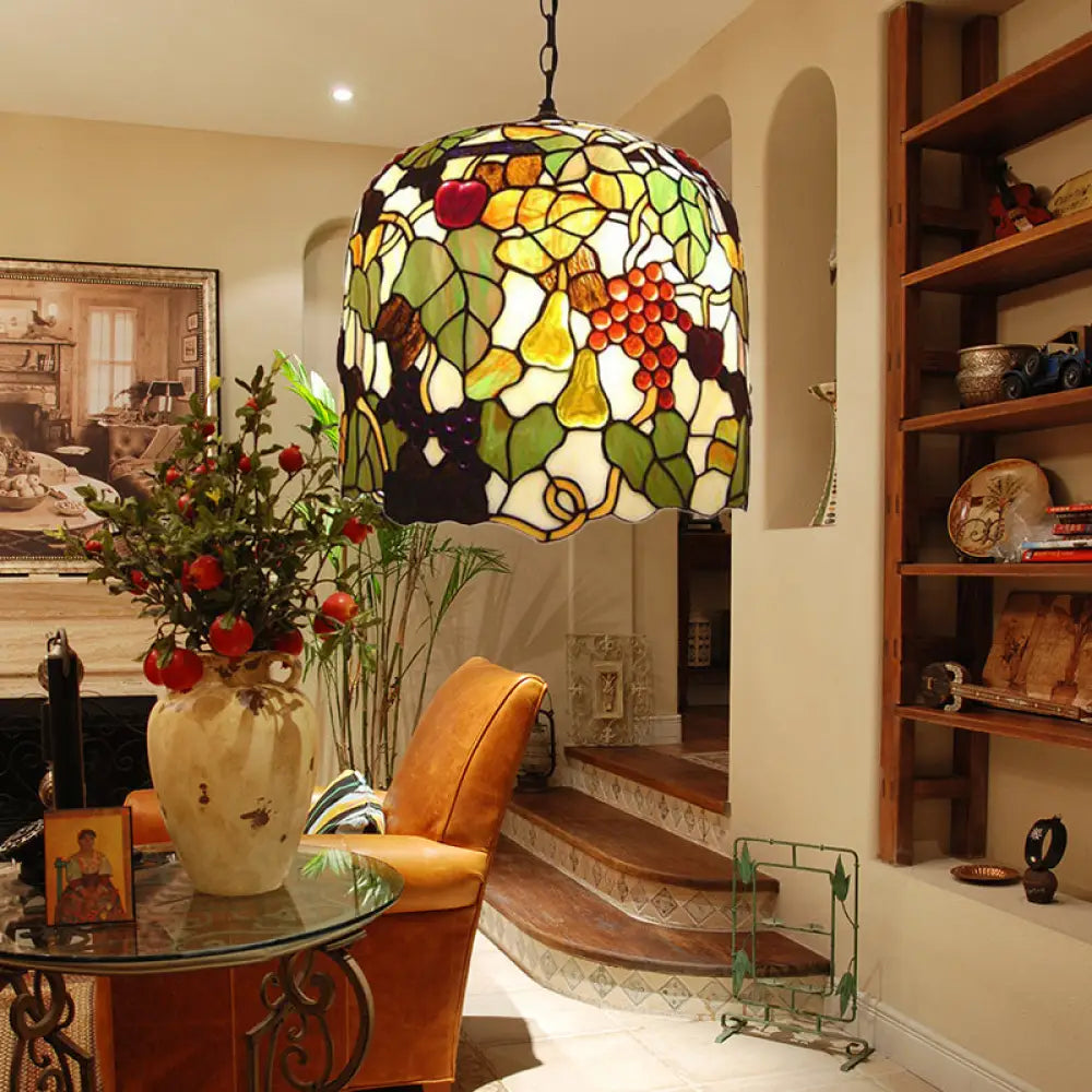 Green Cut Glass Bell Pendant Lamp With Grape/Leaf Pattern / Grape